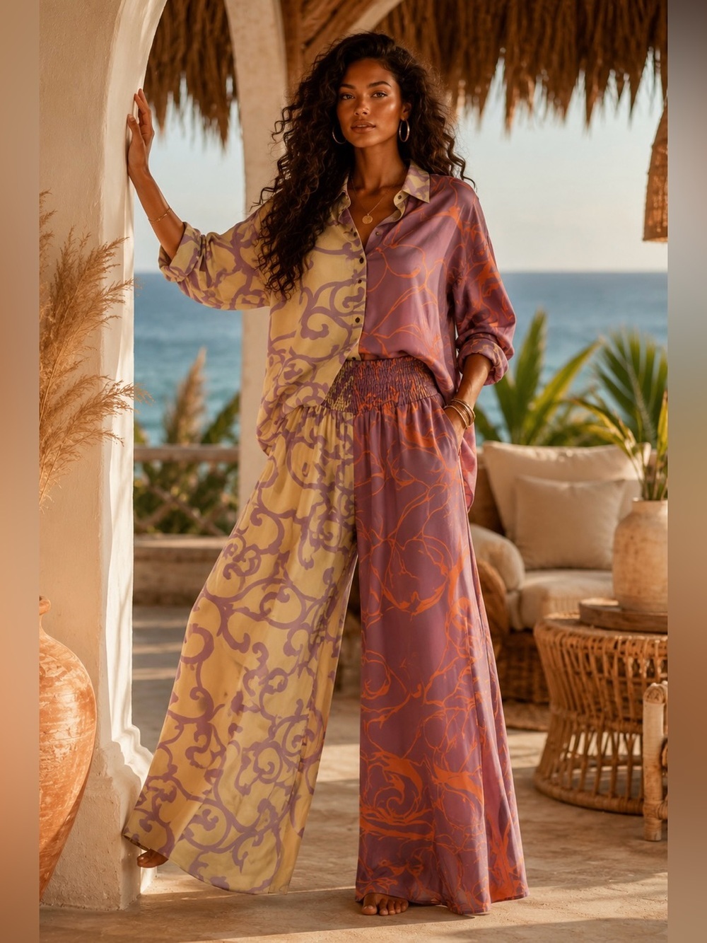 Women's Two-Tone Printed Wide-Leg pant set